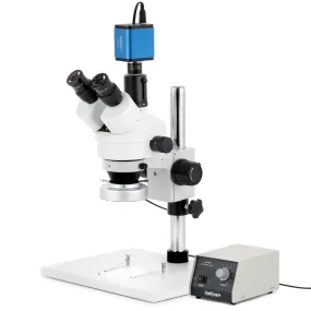 AmScope SM-1 Series Zoom Trinocular Stereo Microscope on Pillar Stand with Extra Large Base Plate w/Heavy Duty 80 LED Ring Light and HDMI Camera