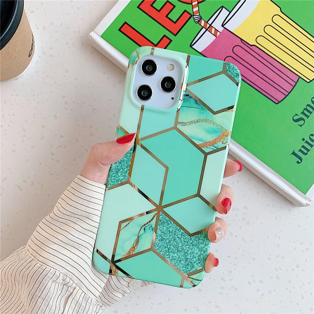 Anymob iPhone Blue Green Glossy Marble Phone Case Silicone Shockproof Bumper Cover