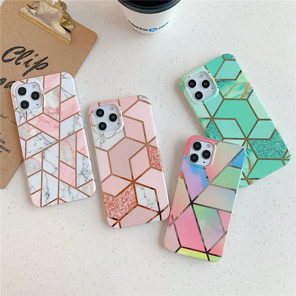 Anymob iPhone Blue Green Glossy Marble Phone Case Silicone Shockproof Bumper Cover