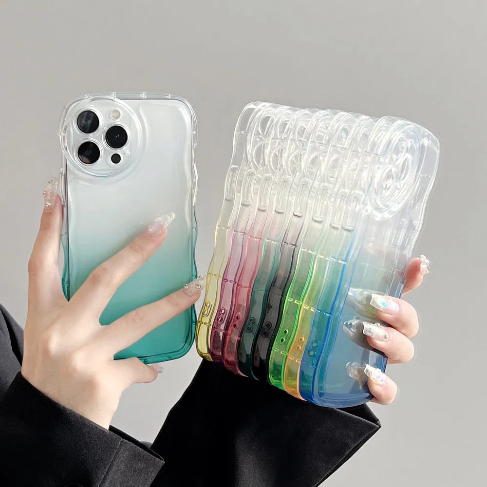 Anymob iPhone Blue Green Gradient Clear Curly Wave Phone Case Shockproof Transparent Cover