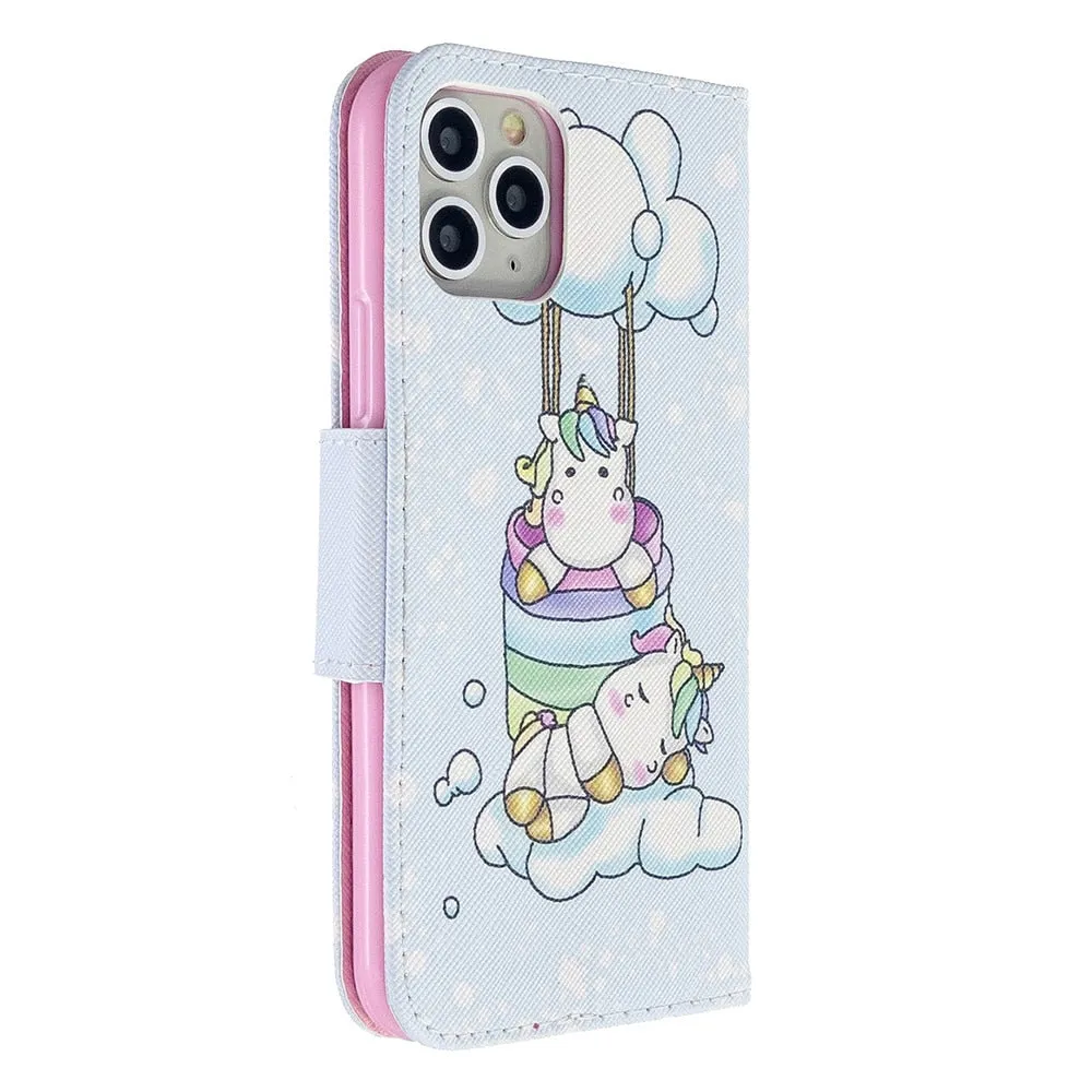 Anymob iPhone Case Light Blue and Purple Unicorn Painted Leather Magnetic Flip Wallet Cover Shell