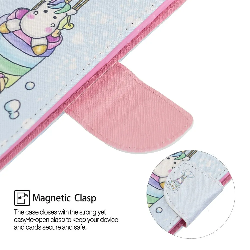 Anymob iPhone Case Light Blue and Purple Unicorn Painted Leather Magnetic Flip Wallet Cover Shell