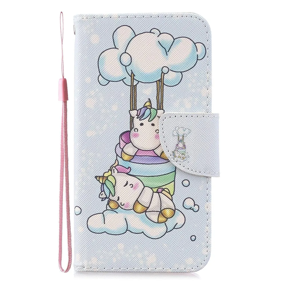 Anymob iPhone Case Light Blue and Purple Unicorn Painted Leather Magnetic Flip Wallet Cover Shell