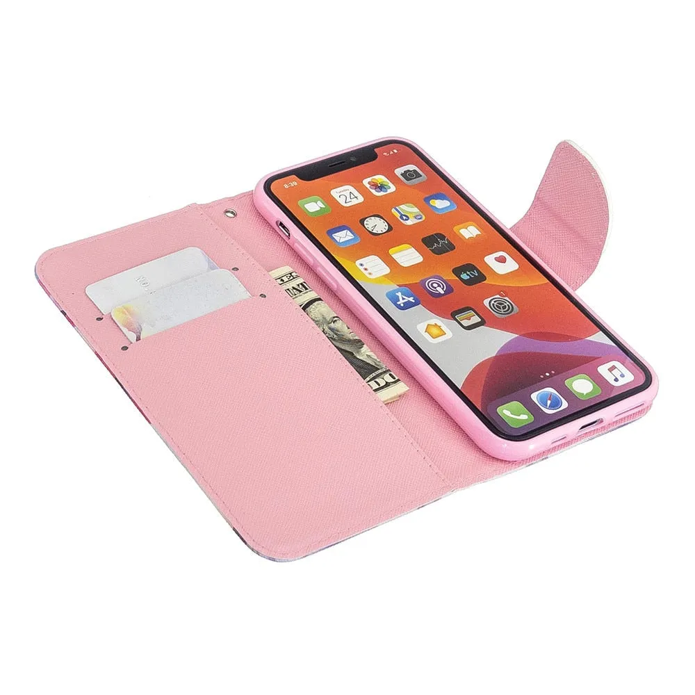 Anymob iPhone Case Light Blue and Purple Unicorn Painted Leather Magnetic Flip Wallet Cover Shell