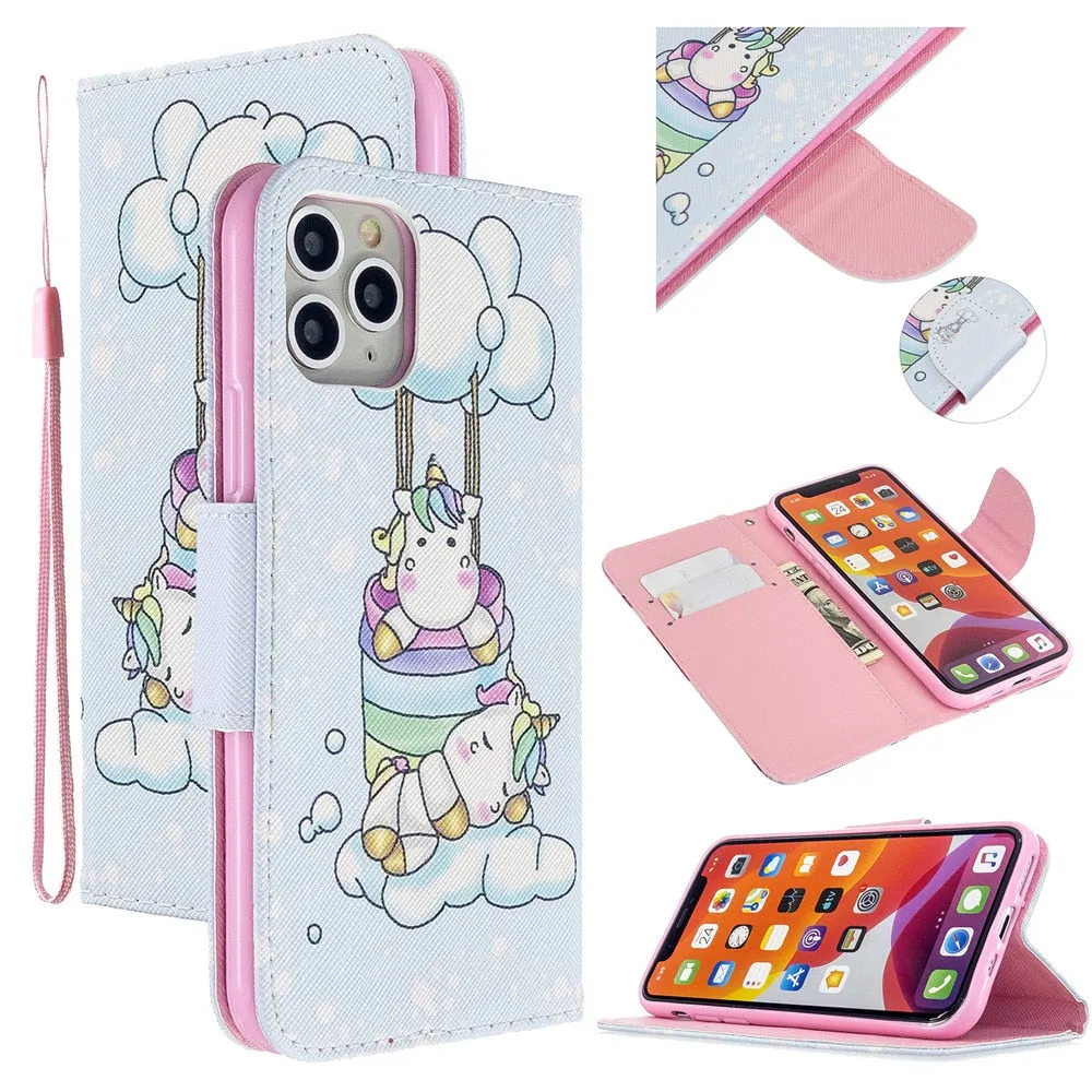Anymob iPhone Case Light Blue and Purple Unicorn Painted Leather Magnetic Flip Wallet Cover Shell