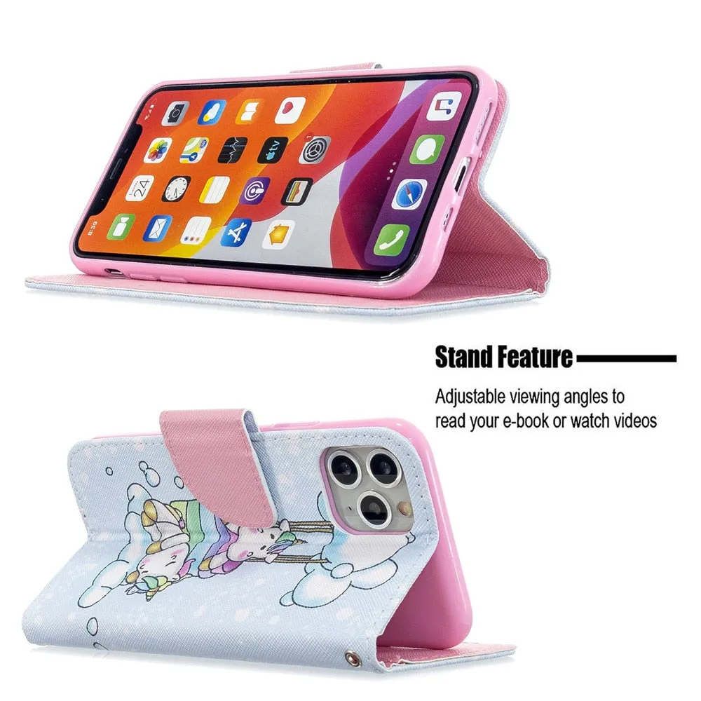 Anymob iPhone Case Light Blue and Purple Unicorn Painted Leather Magnetic Flip Wallet Cover Shell