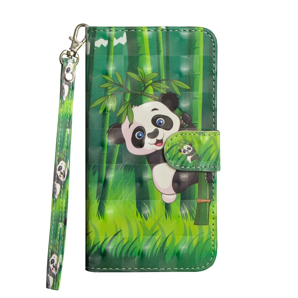 Anymob iPhone Case Pink Flower Flip Leather 3D Panda Painted Wallet Back Cover