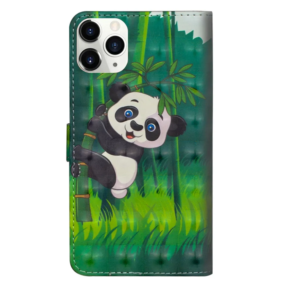 Anymob iPhone Case Pink Flower Flip Leather 3D Panda Painted Wallet Back Cover