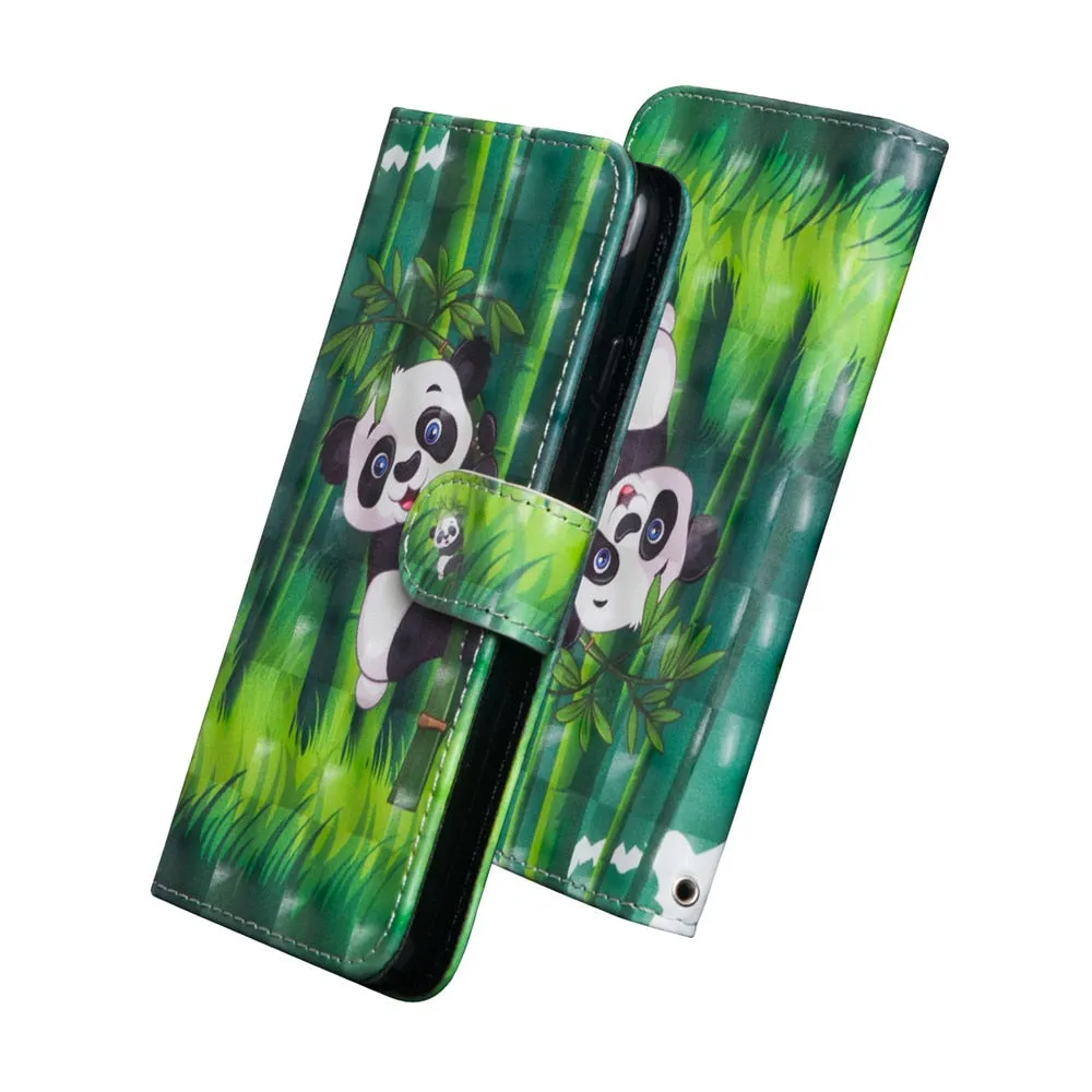 Anymob iPhone Case Pink Flower Flip Leather 3D Panda Painted Wallet Back Cover