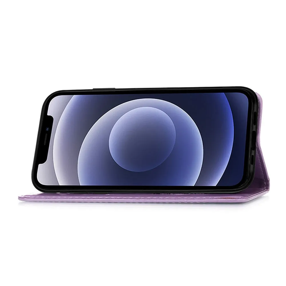 Anymob iPhone Case Purple Embossed Book Style Flip Wallet PU Leather With Card Slot