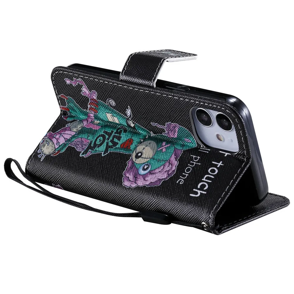 Anymob iPhone Case Skull Flip Cover Cartoon Painted Magnetic Leather Wallet Card Slot