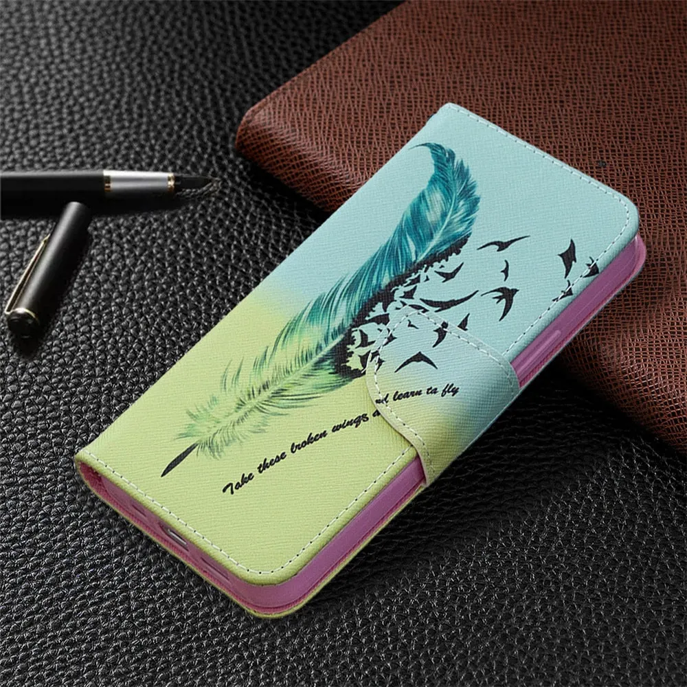 Anymob iPhone Case Yellow Green Feather Flip Cover Fashion Painted Wallet Leather Bag Shell