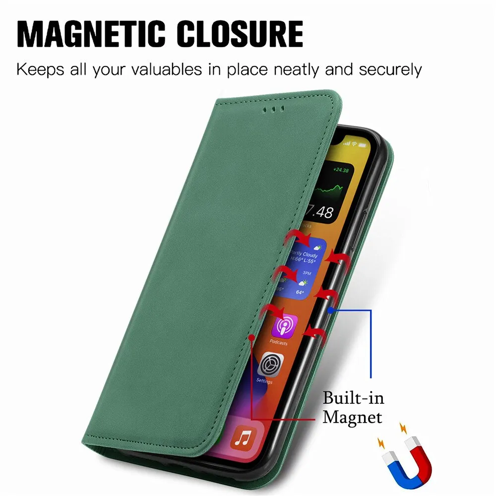 Anymob iPhone Green Magnetic Flip Leather Phone Case Card slot Wallet Cover