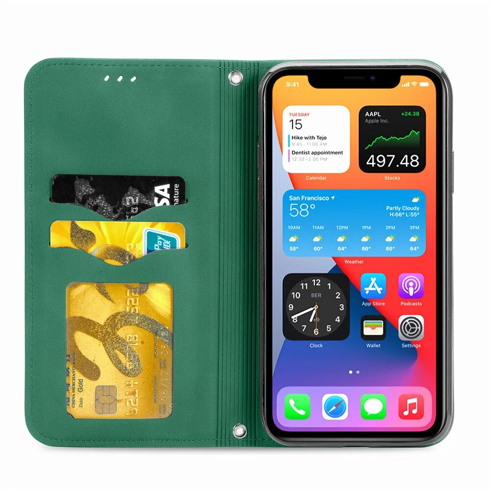 Anymob iPhone Green Magnetic Flip Leather Phone Case Card slot Wallet Cover