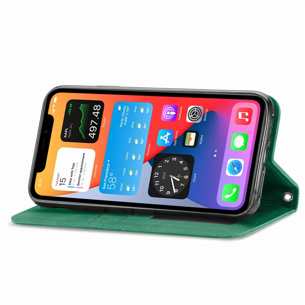 Anymob iPhone Green Magnetic Flip Leather Phone Case Card slot Wallet Cover