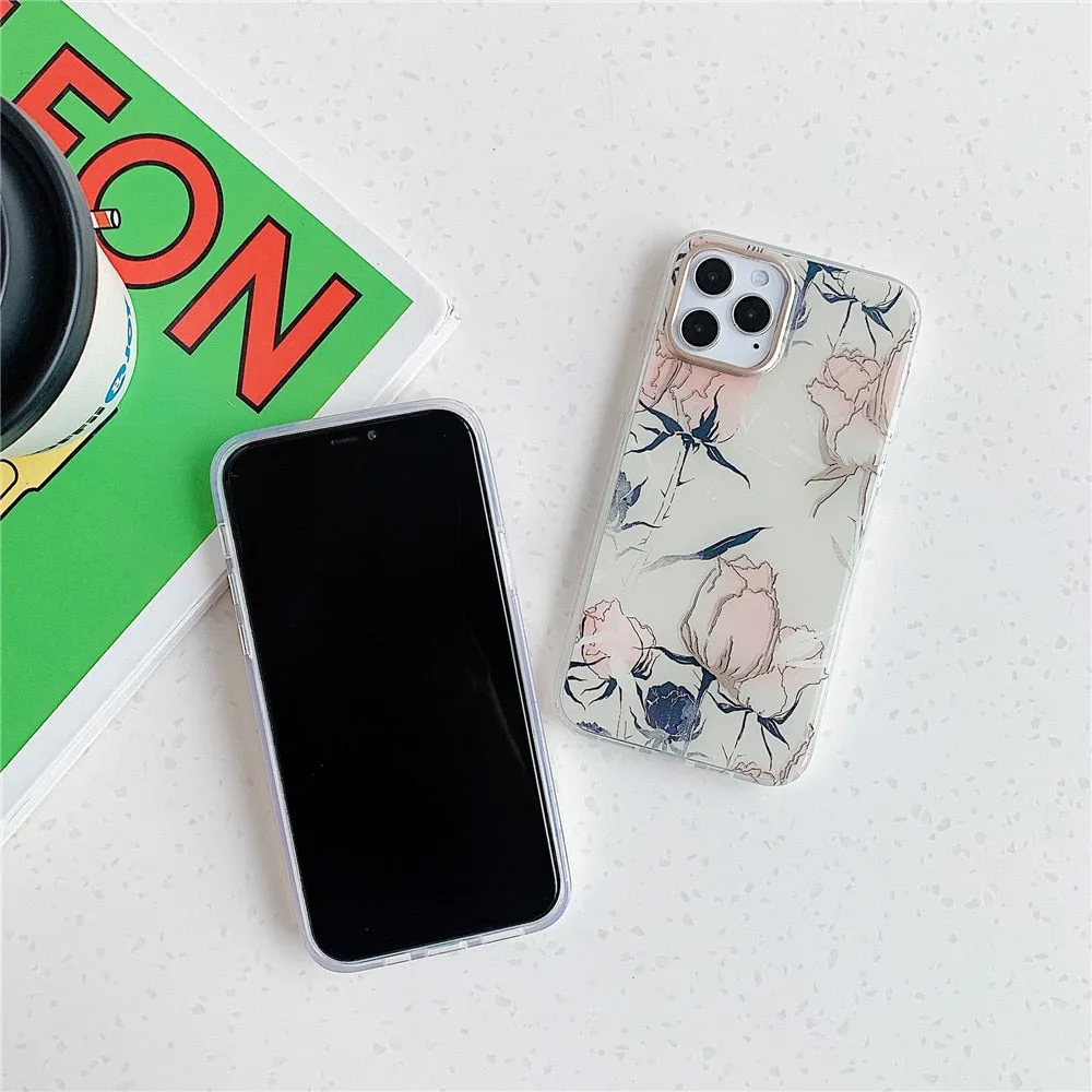 Anymob iPhone Green Vintage Flower Phone Case Soft Silicone Shockproof Back Cover