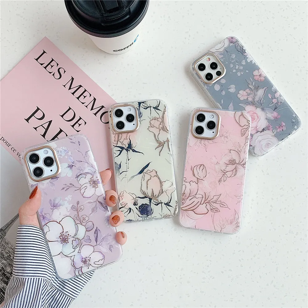 Anymob iPhone Green Vintage Flower Phone Case Soft Silicone Shockproof Back Cover