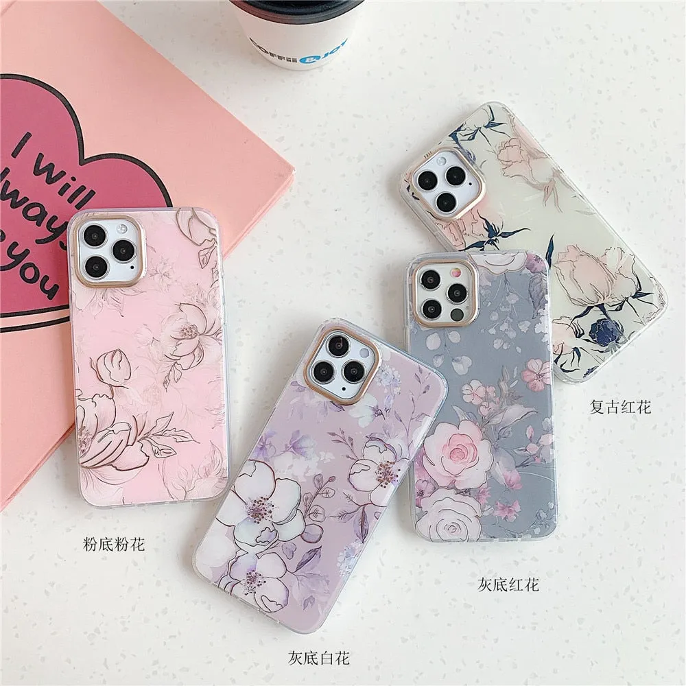 Anymob iPhone Green Vintage Flower Phone Case Soft Silicone Shockproof Back Cover