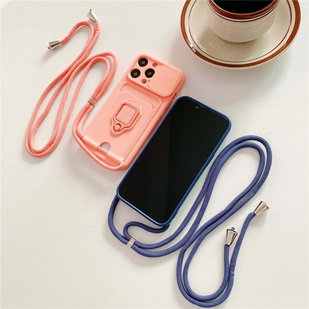 Anymob iPhone Lavender Magnetic Card Holder Lanyard Cord Phone Case Lens Protection Back Cover