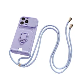 Anymob iPhone Lavender Magnetic Card Holder Lanyard Cord Phone Case Lens Protection Back Cover