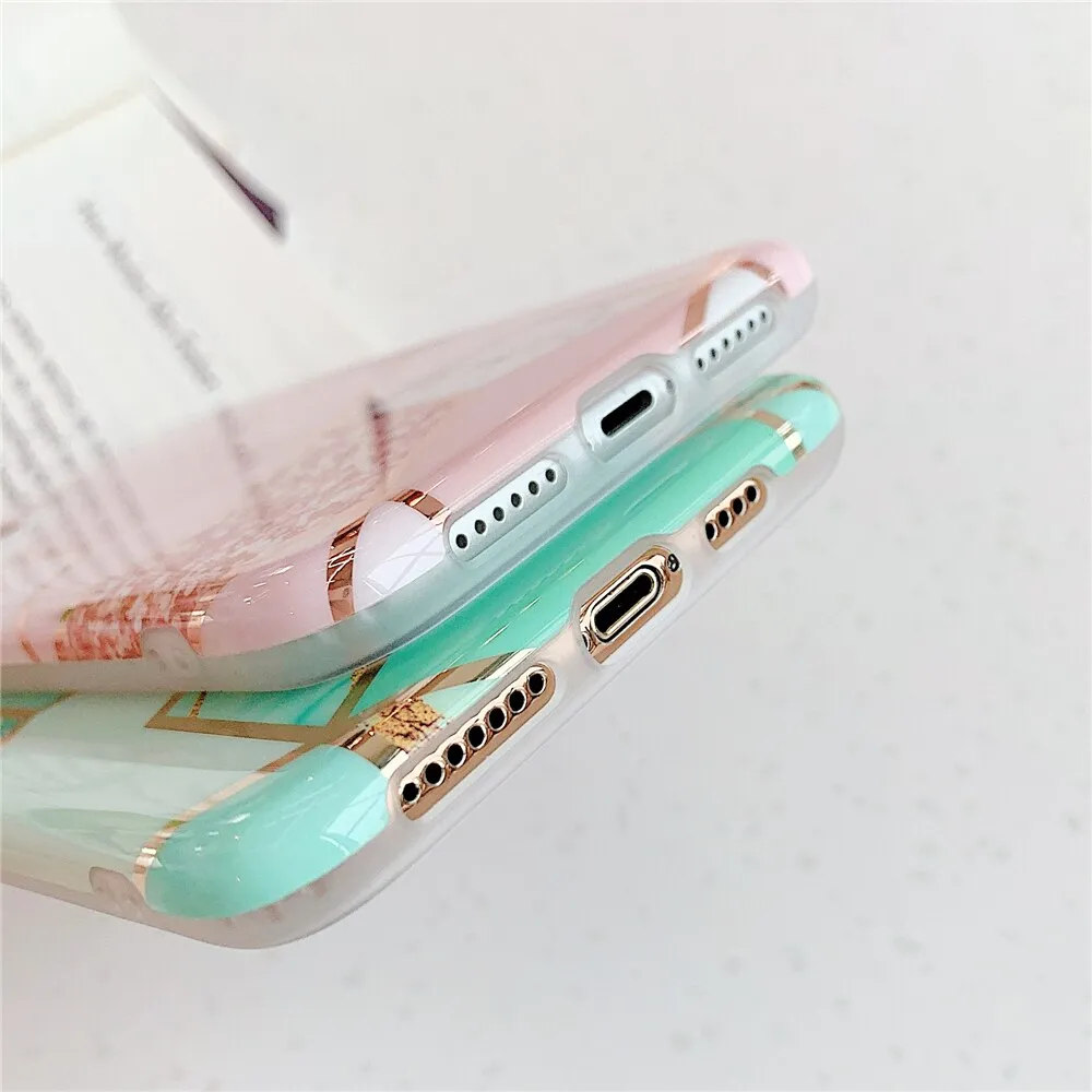 Anymob iPhone Mint Green Plating Geometric Marble Phone Case Glossy Soft Back Cover