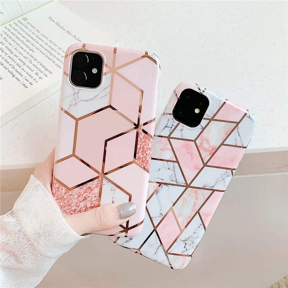 Anymob iPhone Mint Green Plating Geometric Marble Phone Case Glossy Soft Back Cover