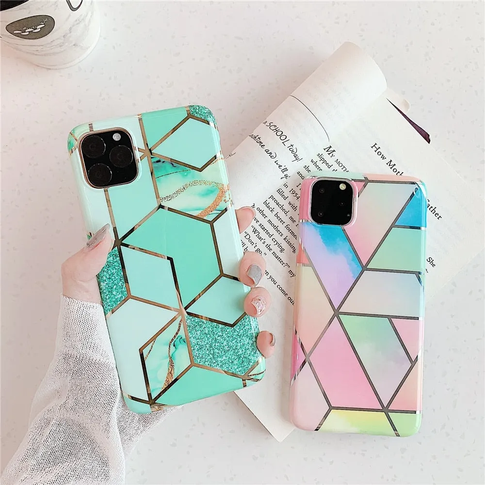 Anymob iPhone Mint Green Plating Geometric Marble Phone Case Glossy Soft Back Cover