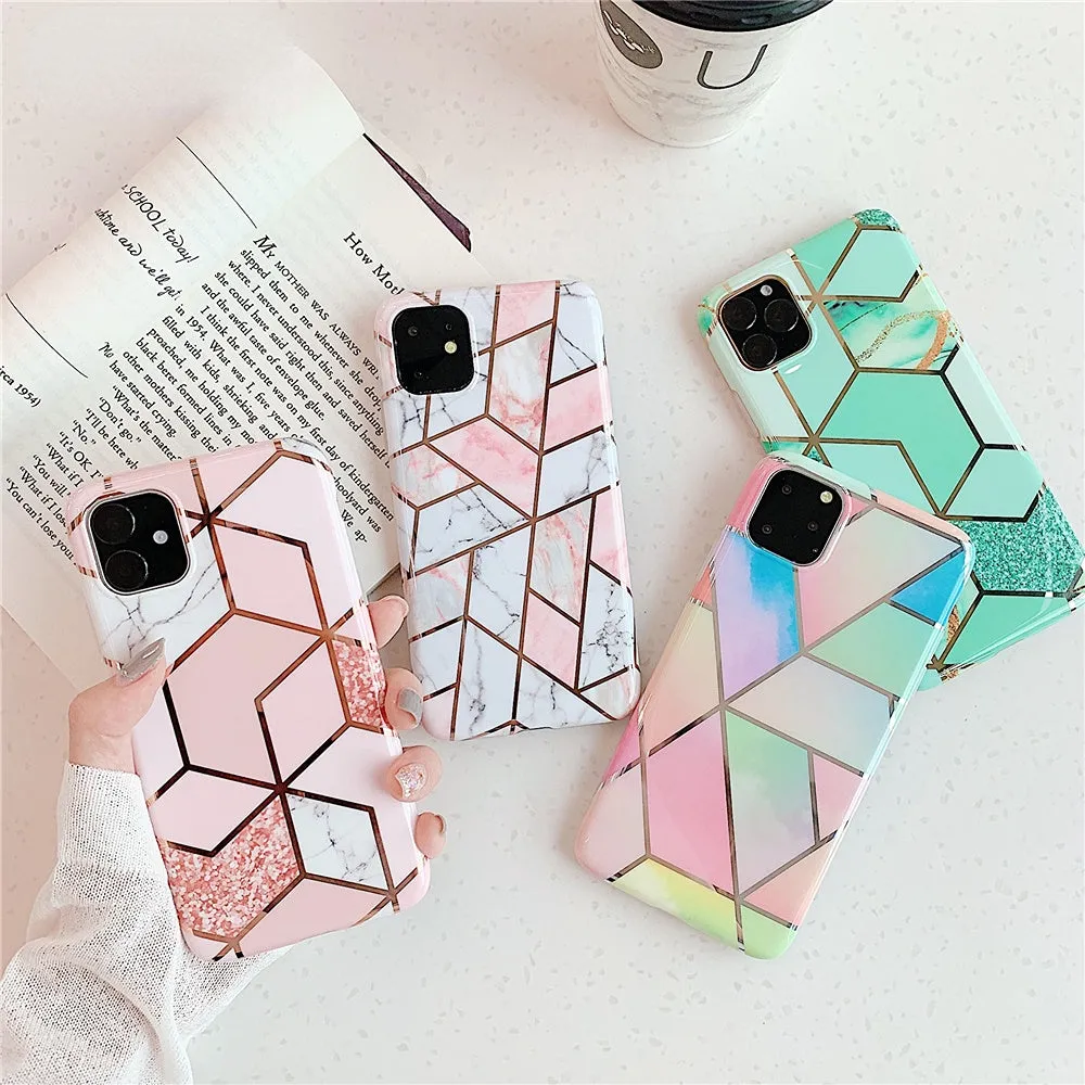 Anymob iPhone Mint Green Plating Geometric Marble Phone Case Glossy Soft Back Cover
