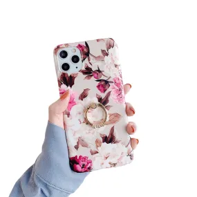 Anymob iPhone Pink Rose Finger Ring Holder Case Flower Silicone Phone Cover