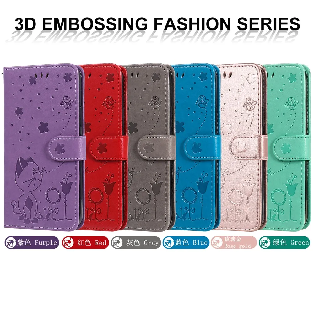 Anymob iPhone Red Leather Flip Case Embossing Cat and Bee Cover
