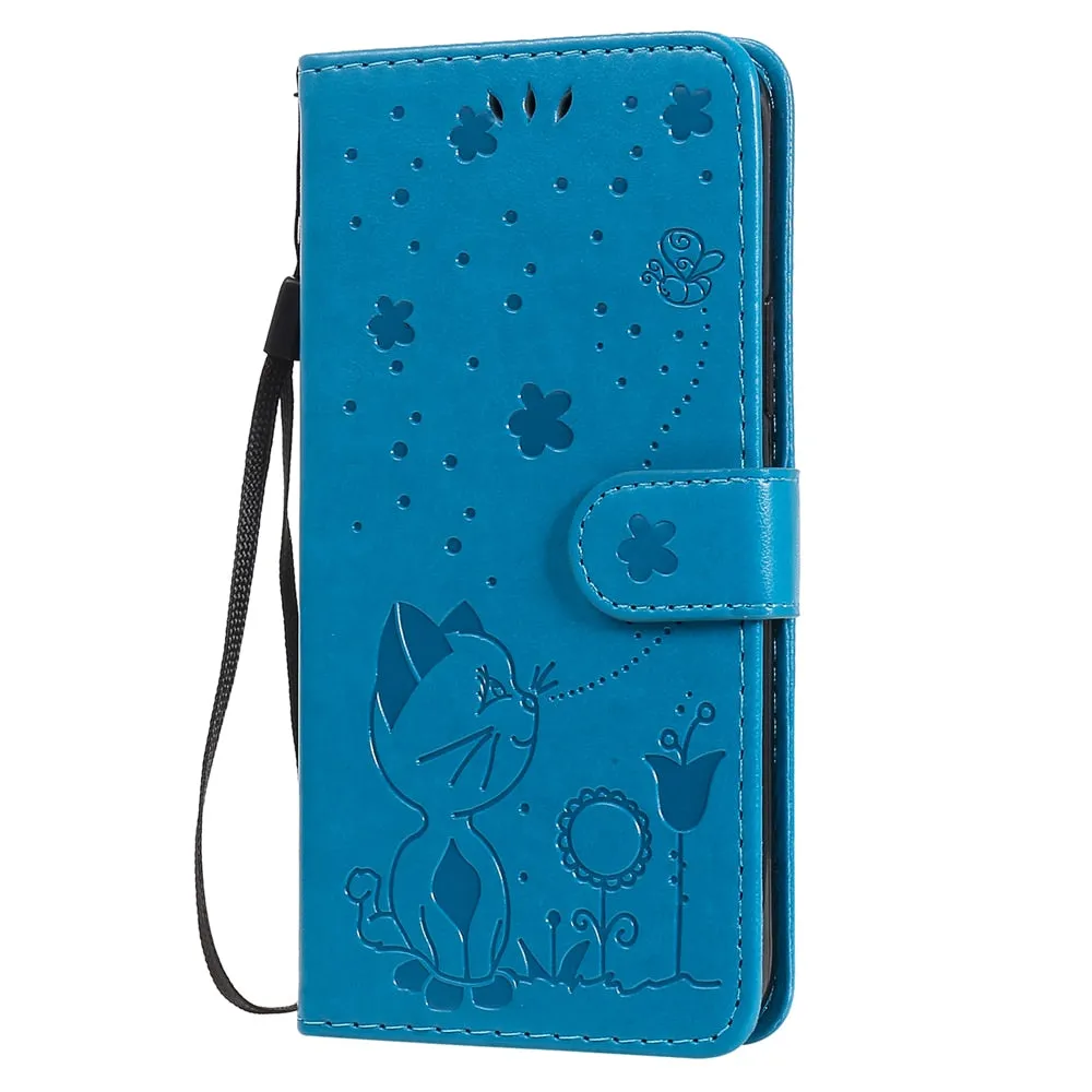 Anymob iPhone Red Leather Flip Case Embossing Cat and Bee Cover
