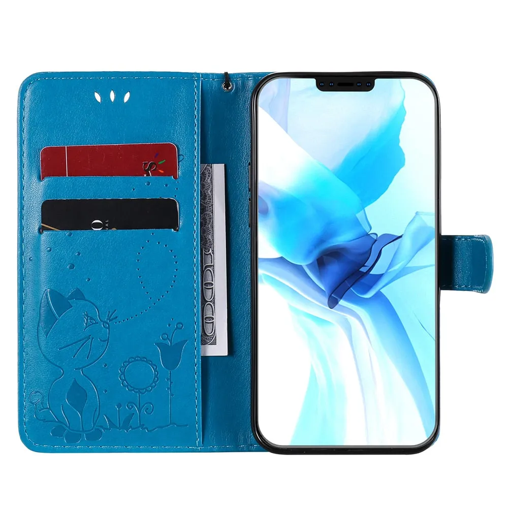 Anymob iPhone Red Leather Flip Case Embossing Cat and Bee Cover