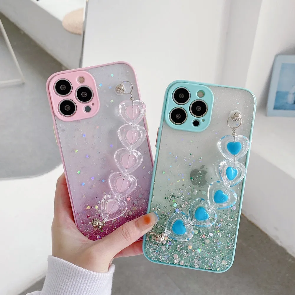 Anymob iPhone White Crystal Heart Bracelet Phone Chain Case Glitter Soft Cover