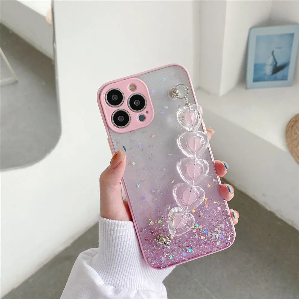 Anymob iPhone White Crystal Heart Bracelet Phone Chain Case Glitter Soft Cover