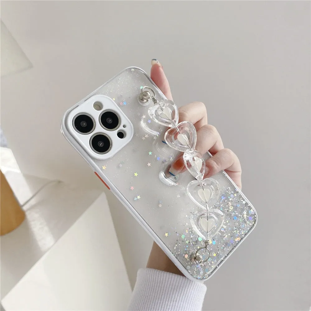 Anymob iPhone White Crystal Heart Bracelet Phone Chain Case Glitter Soft Cover