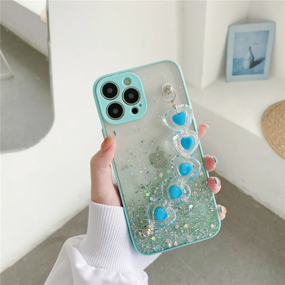 Anymob iPhone White Crystal Heart Bracelet Phone Chain Case Glitter Soft Cover