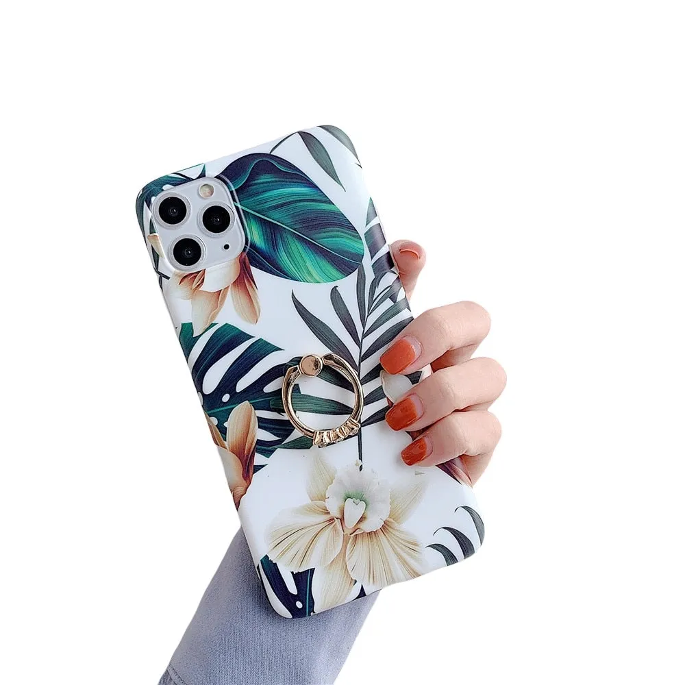 Anymob iPhone White Orchid Finger Ring Holder Case Flower Silicone Phone Cover