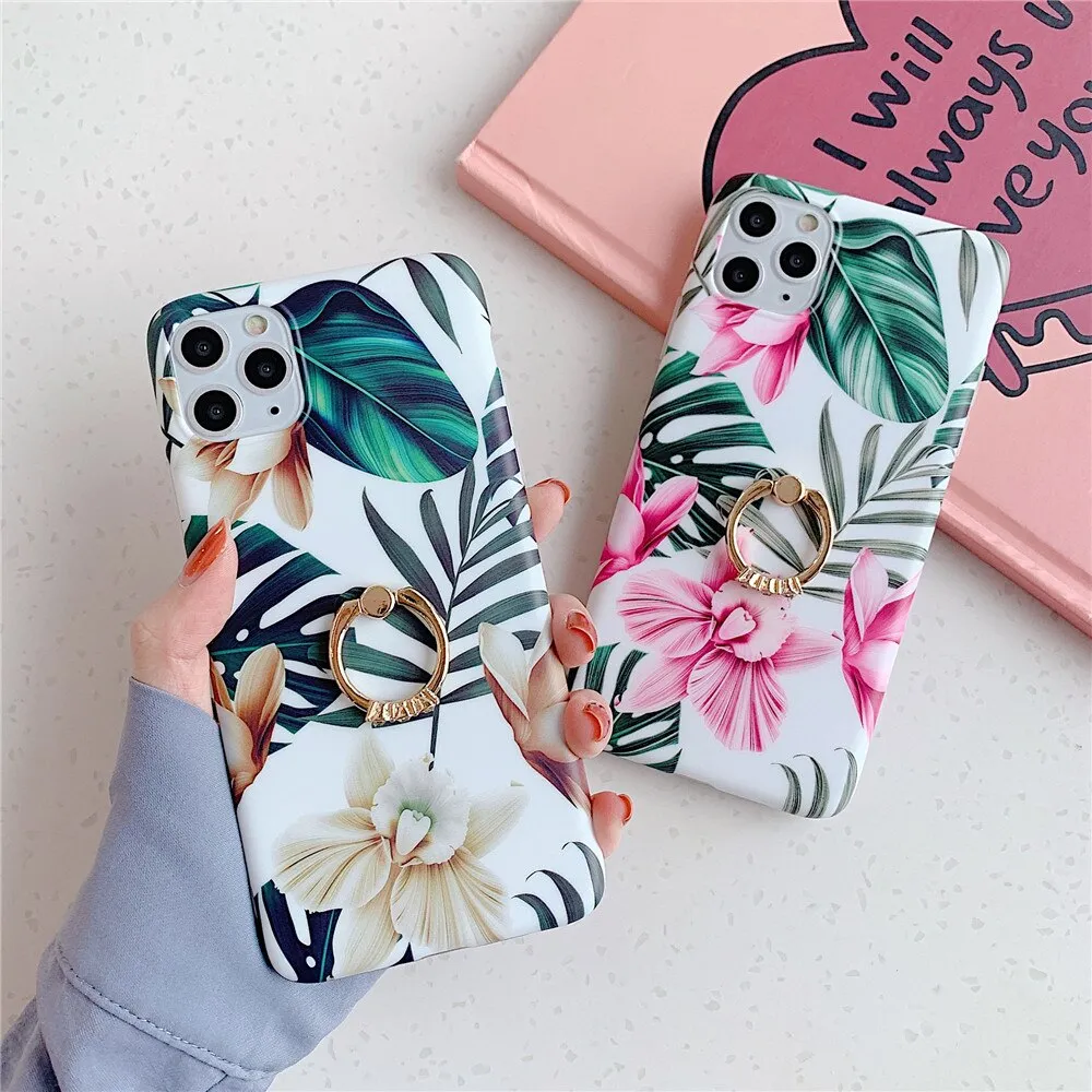 Anymob iPhone White Orchid Pattern Holder Case Flower Silicone Phone Cover