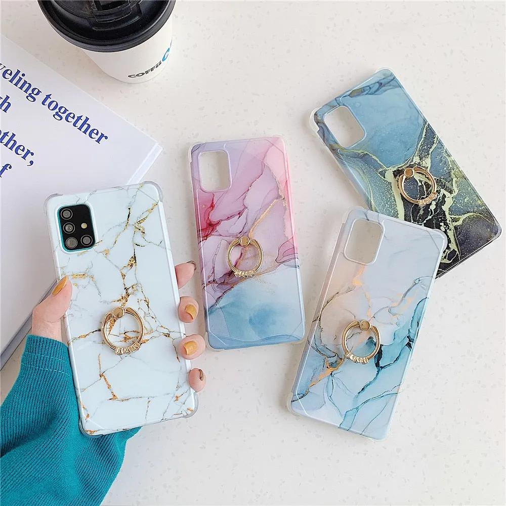 Anymob Samsung Black A nd Gold Gradient Marble Ring Holder Case Silicone Shockproof Cover