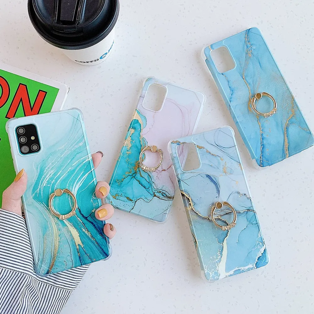Anymob Samsung Black A nd Gold Gradient Marble Ring Holder Case Silicone Shockproof Cover