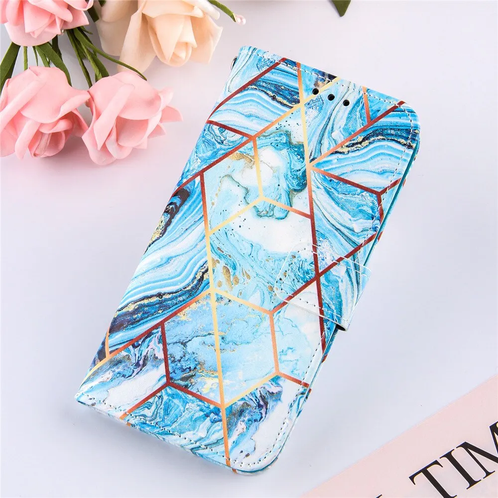 Anymob Samsung Black And White Geometric Marble Leather Case Flip Wallet Magnetic Phone Cover