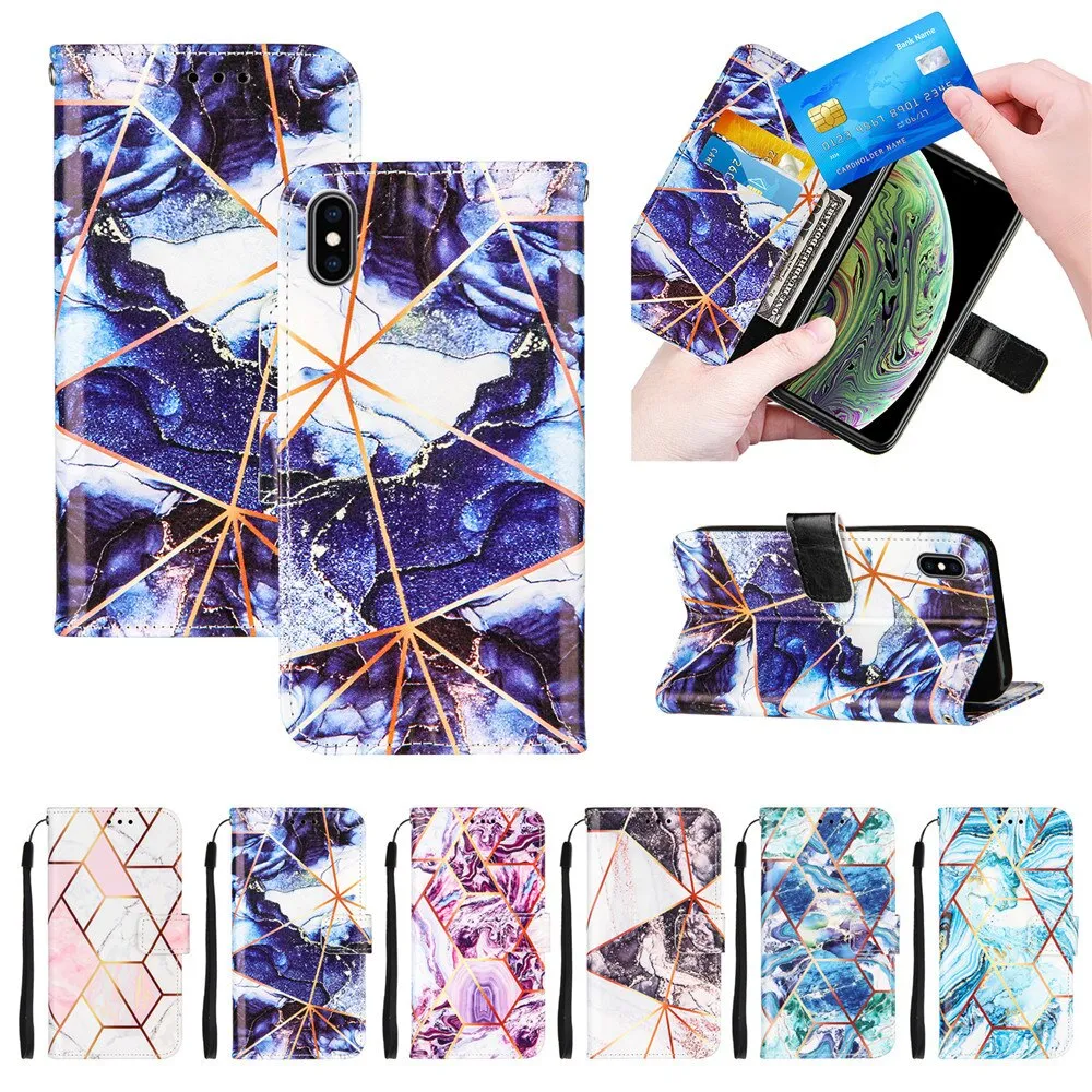 Anymob Samsung Black And White Geometric Marble Leather Case Flip Wallet Magnetic Phone Cover