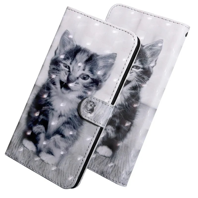 Anymob Samsung Black And White Kitty Leather Sparkling Case Wallet Flip Magnetic Cover