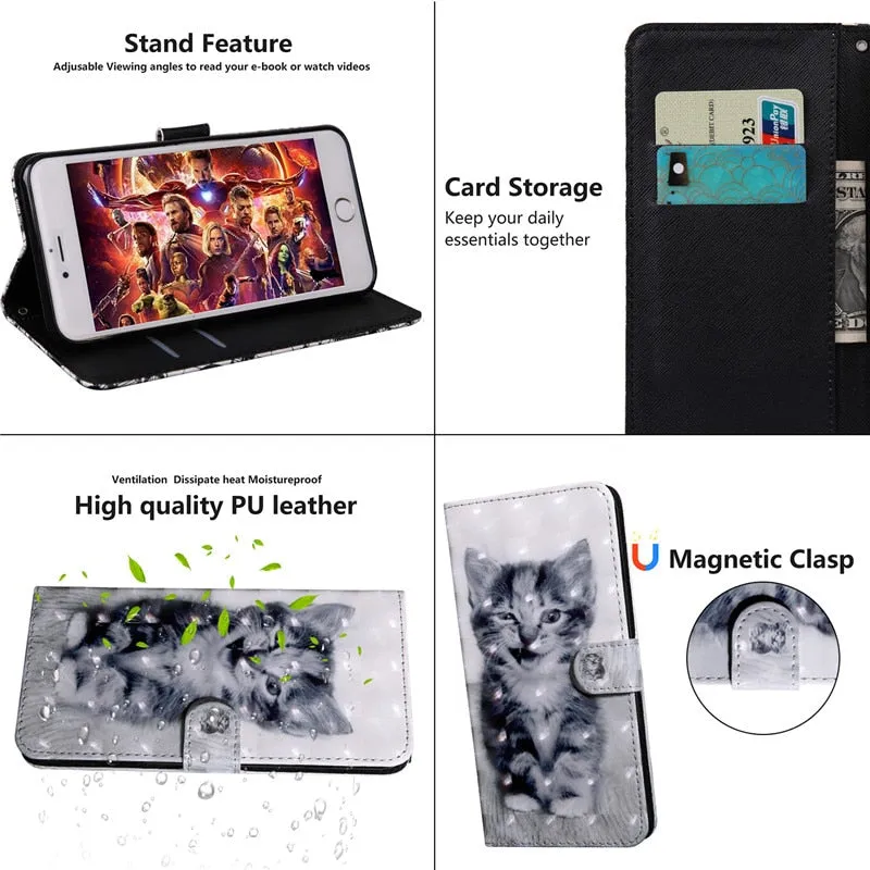 Anymob Samsung Black And White Kitty Leather Sparkling Case Wallet Flip Magnetic Cover