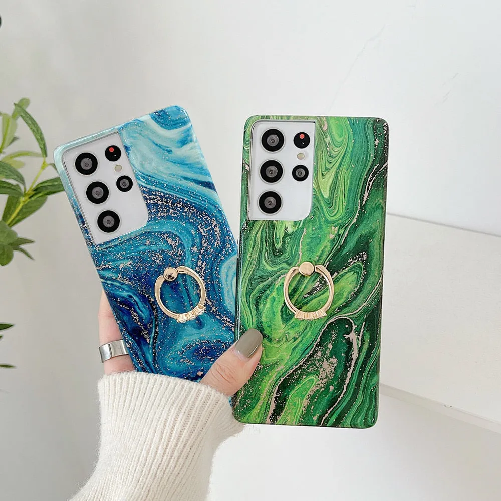 Anymob Samsung Blue And Gold Silicon Case Glitter Marble Finger Ring Bracket Holder Phone Cover