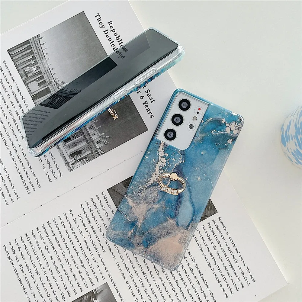 Anymob Samsung Blue And Gold Silicon Case Glitter Marble Finger Ring Bracket Holder Phone Cover