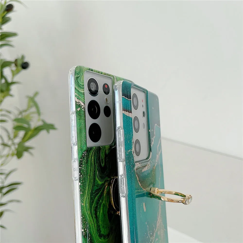 Anymob Samsung Blue And Gold Silicon Case Glitter Marble Finger Ring Bracket Holder Phone Cover