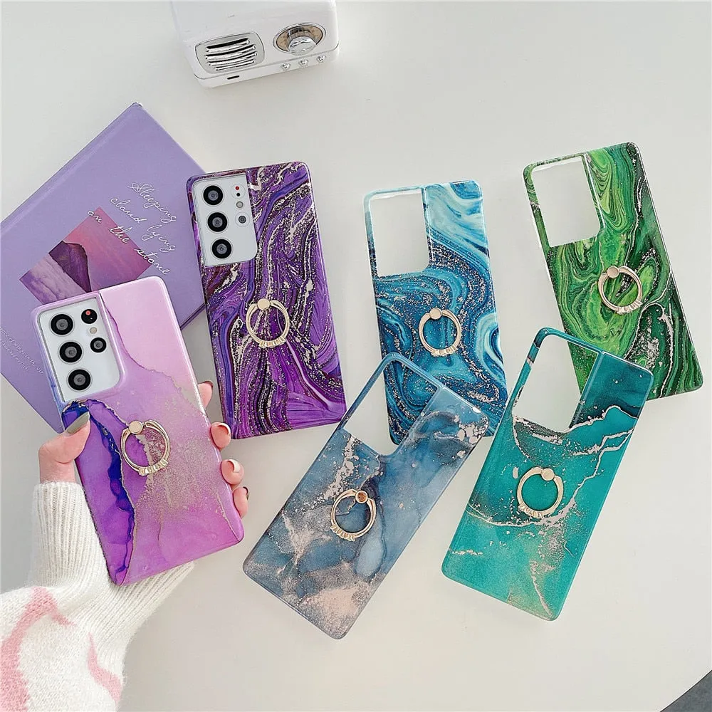 Anymob Samsung Blue And Gold Silicon Case Glitter Marble Finger Ring Bracket Holder Phone Cover