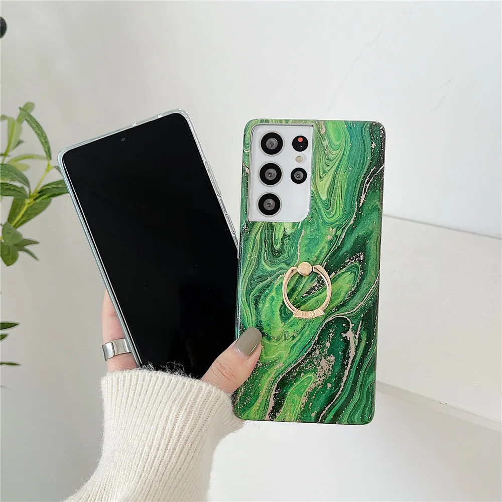 Anymob Samsung Blue And Gold Silicon Case Glitter Marble Finger Ring Bracket Holder Phone Cover
