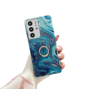 Anymob Samsung Blue And Gold Silicon Case Glitter Marble Finger Ring Bracket Holder Phone Cover